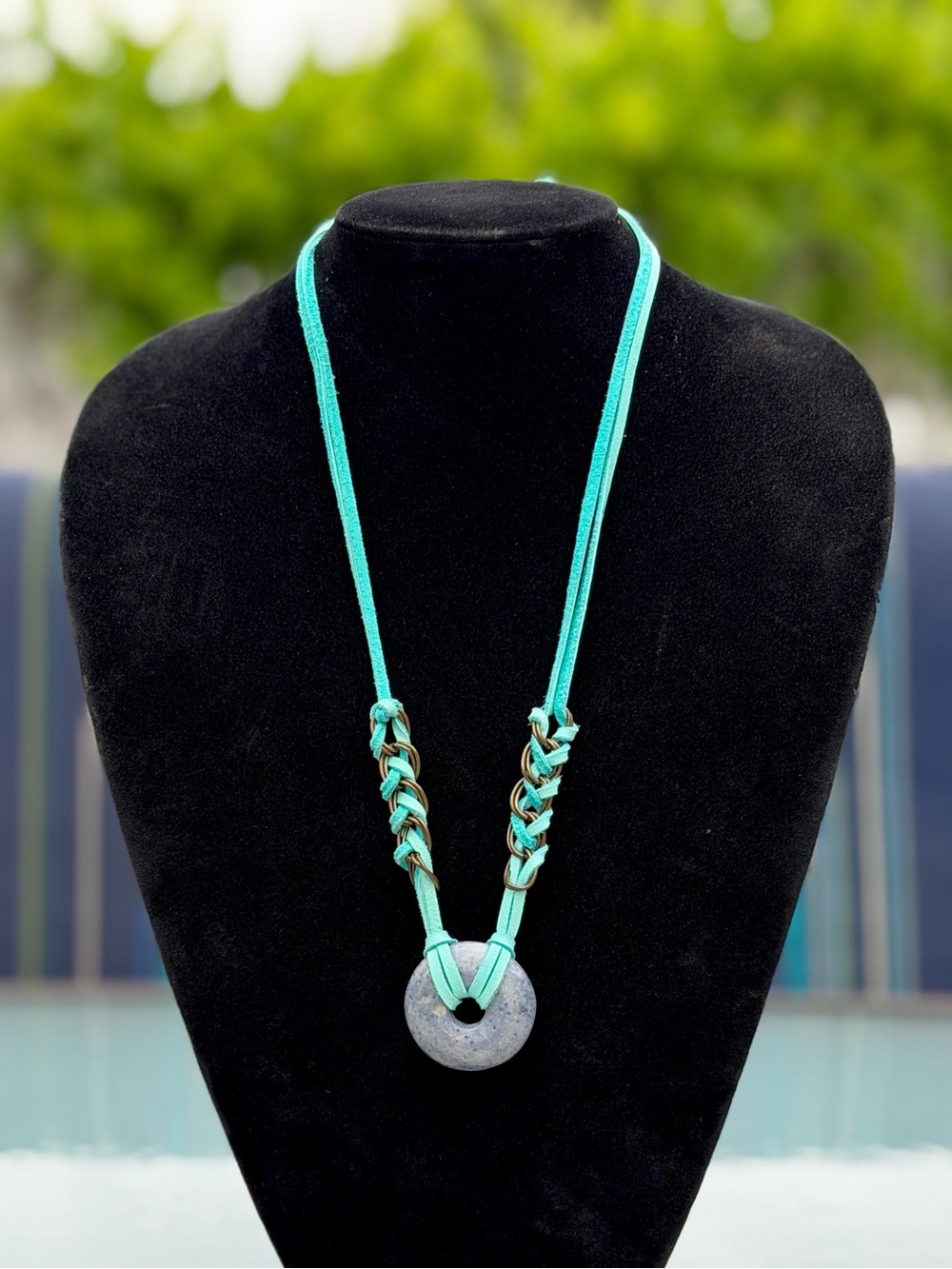 Blue Speckled Stone Donut Pendant Turquoise Suede 21-1/2” Necklace